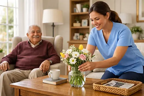 A caregiver shares a warm moment with a senior at home